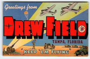 Greetings From Drew Field Tampa Florida Large Letter Linen Postcard Army Planes