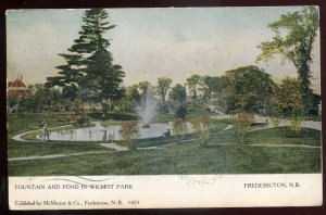 h1281 - FREDERICTON NB Postcard 1906 Wilmont Park Fountain Pond by Warwick