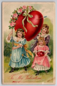 Valentine Greeting Victorian Children With Large Heart  Postcard N28