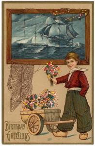 Birthday Greetings PC, Dutch Boy, Flowers, Sailing Ship