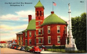 Vtg Phillipsburg New Jersey NJ City Hall and Civil War Memorial 1940s Postcard