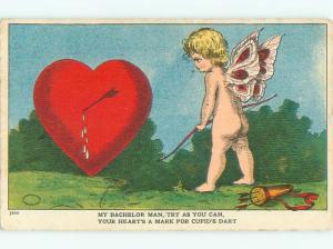 Pre-Linen Valentine CUPID SHOOTS ARROW INTO LARGE HEART AB3192