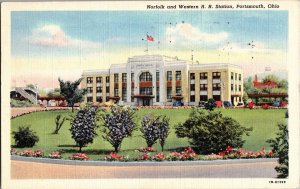 Postcard Norfolk and Western RR Station, Portsmouth Ohio linen KE6