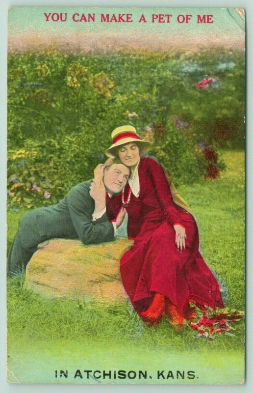 You Can Make a Pet of Me In Atchison Kansas~Victorian Couple on Rock~c1910 