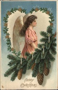 Christmas Pretty Young Angel Pine Bough Border c1910 Vintage Postcard