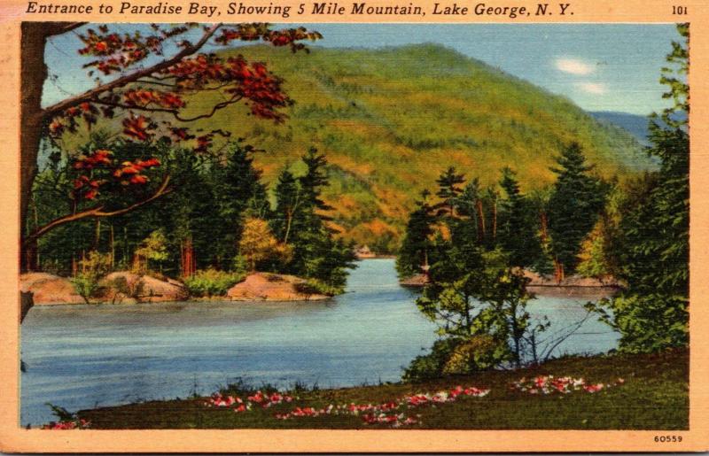 New York Lake George Entrance To Paradise Bay Showing 5 Mile Mountain 1951