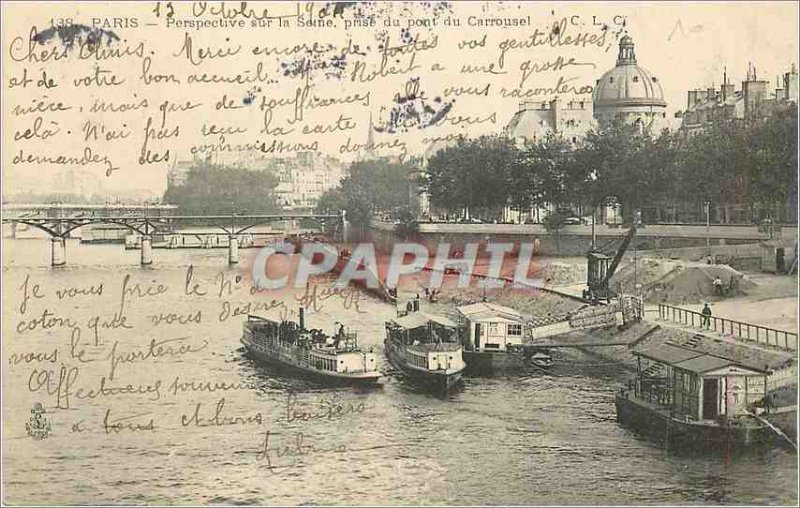 Old Postcard Paris perspective on the Seine taken from the bridge of boats ca...
