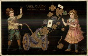 German New Year - Children Fire Flower Cannon Gold Clovers Postcard