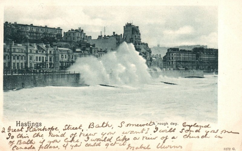 Vintage Postcard 1905 Hastings Big Waves Splash Along The Shoreline Rough Day