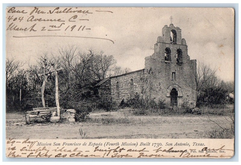 1911 Mission San Francisco De Espada Fourth Mission San Antonio TX Postcard 