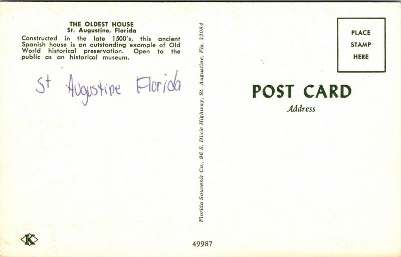 Oldest House St Augustine Florida FL Horse Carriage Postcard VTG UNP WOB Koppel  