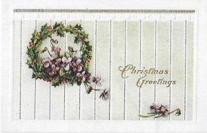 Christmas Greetings Holly Wreath and Violets Embossed