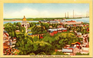 Vtg 1940s Overlooking US Naval Academy Birds Eye Annapolis Maryland MD Postcard