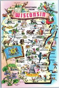 postcard Wisconsin - Greetings from - tourist map