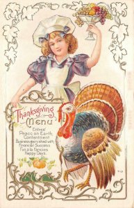 THANKSGIVING HOLIDAY MENU CHILD CHEF TURKEY EMBOSSED POSTCARD 1914