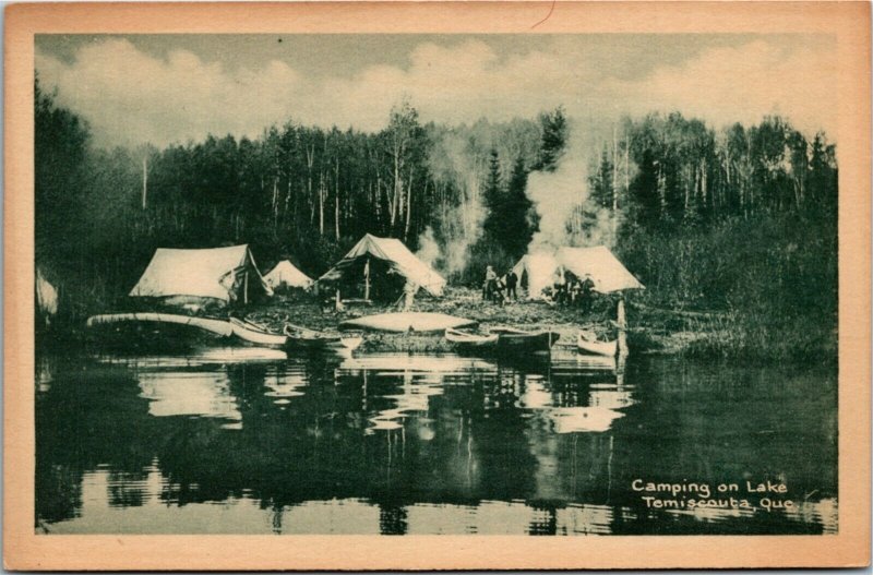 Postcard PQ Camping on Lake Temiscouata - Tents, Canoes 1920s K5