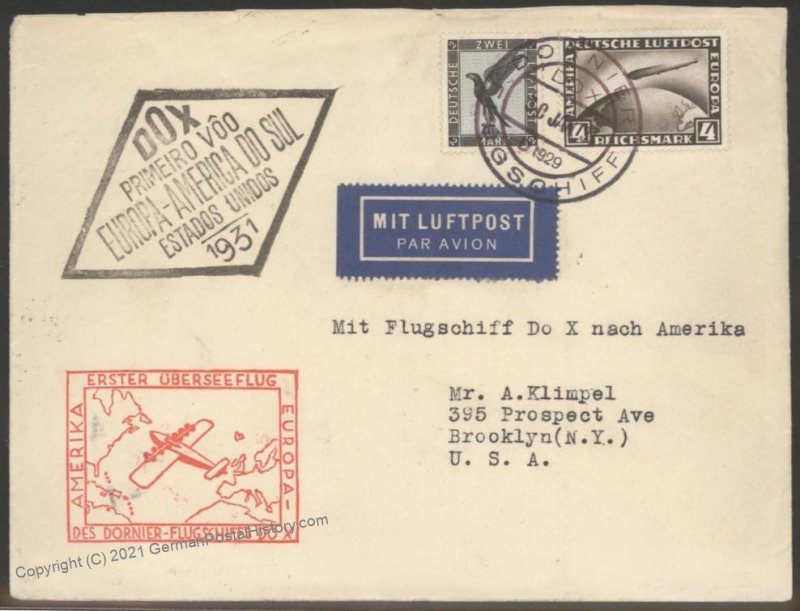 Germany 1930-31 Dornier DO-X Cover Rio de Janeiro Brazil Brooklyn NY 102347