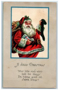 c1910's Christmas Santa Claus With Sack Of Toys Stocking Posted Antique Postcard
