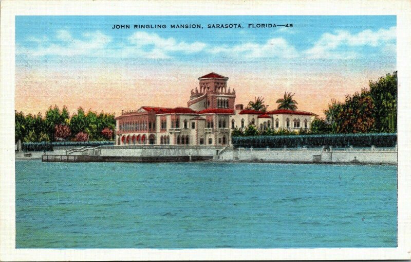 John Ringling Mansion Sarasota Bay FL Florida WB Postcard VTG UNP Unused 