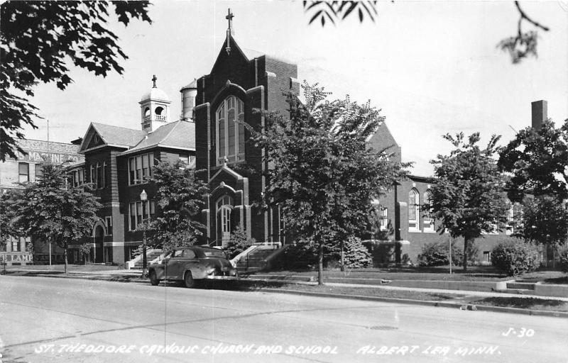 Albert Lea Minnesota~St Theodore Catholic Church & School~Classic Car~1963 RPPC