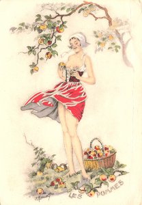 Beautiful French Woman Collecting Her Apples Artist E. Maudy Postcard