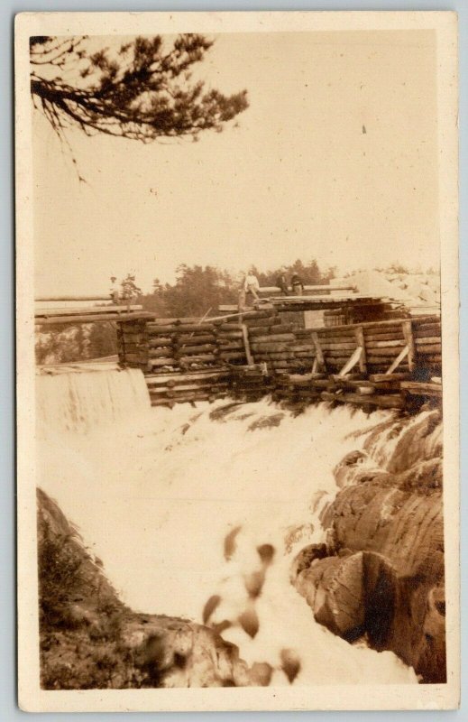 Waldron Michigan~Folk Sitting Atop Old Log Dam RPPC 1940s Postcard 