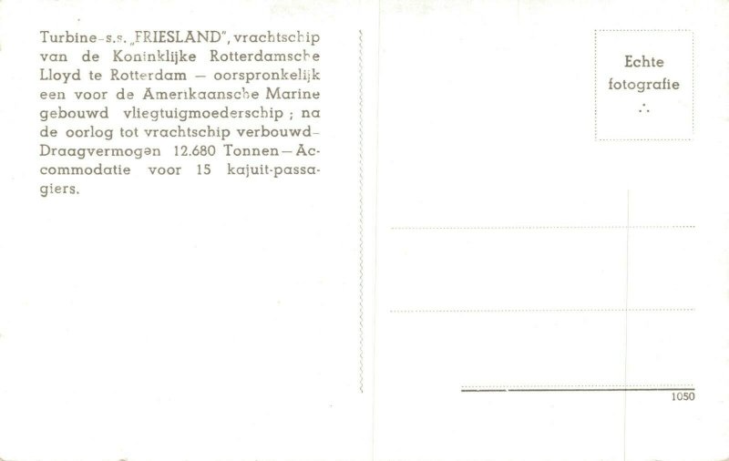 Koninklijke Rotterdamsche Lloyd SS Friesland Ship RPPC 08.41