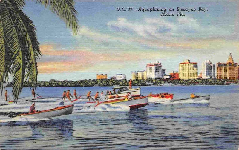 Motor Launch Speed Boats Aquaplaning Miami Florida linen postcard