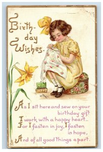 Circa 1910 Birthday Little Girl Sewing Vintage Postcard P108E
