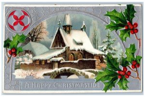 Christmas Postcard Holly Berries House Church Winter Scene Embossed Littleton CO