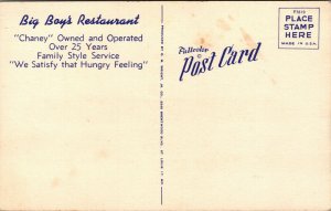 Vtg 1940's Big Boy's Restaurant Old Cars Wright City Missouri MO Linen Postcard