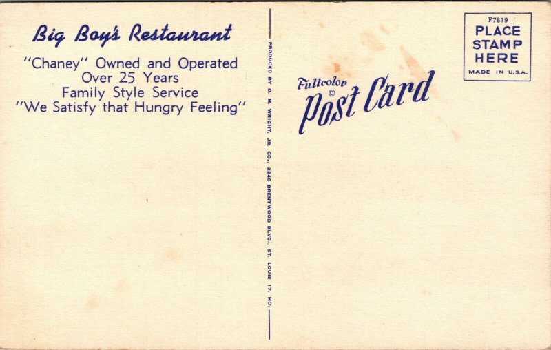 Vtg 1940's Big Boy's Restaurant Old Cars Wright City Missouri MO Linen Postcard