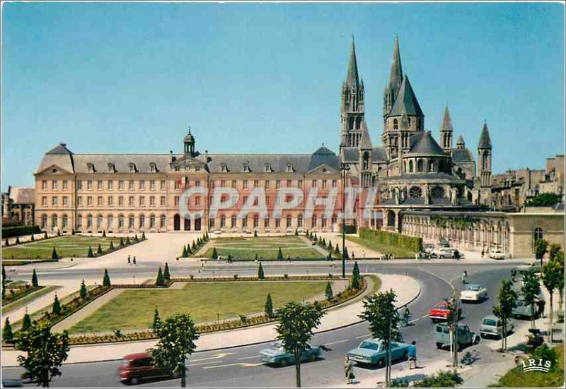 Postcard Moderne Caen Hotel de Ville and Abbaye aux Hommes Church St Etienne XII