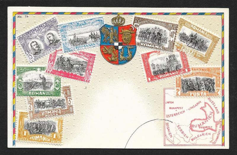ROMANIA Stamps on Postcard Embossed Shield Map Unused c1910s