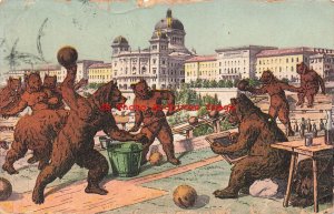 Anthropomorphic Dressed Bears Throwing Bowling Balls?