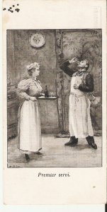 Couple. First served Curious old vintage French postcard. Size 14 x 7 cms