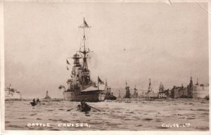 British Royal Navy HMS RARE Battle cruiser  w/ Boats in Harbor -  RPPC WWI c1910