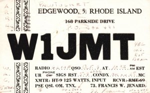 Vintage Postcard 1948 W1JMT Parkside Drive Radio QSO Edgewood Rhode Island RI