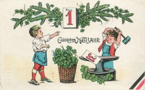 Postcard Happy New Year four leaf clover illustration blacksmith