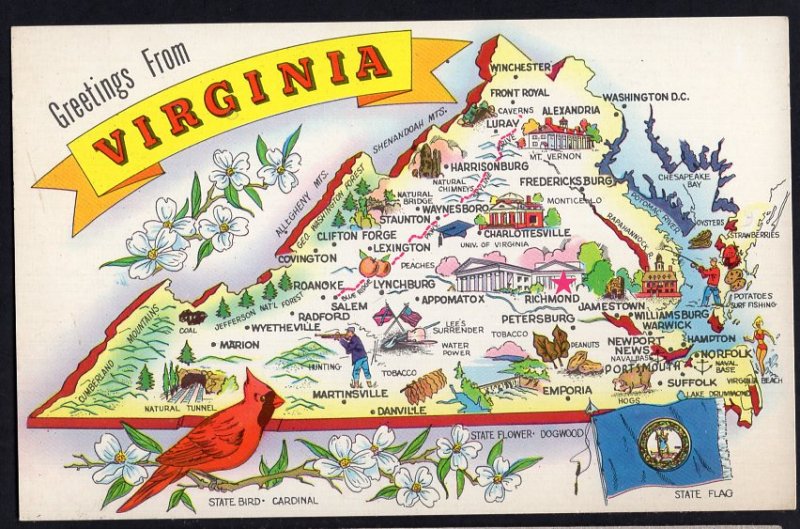 Map VIRGINIA Greetings from Old Dominion State Postcard - Chrome