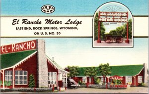 Linen Postcard El Rancho Motor Lodge on US 30 East End Rock Springs, Wyoming