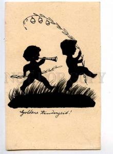 240362 SILHOUETTE Elf Kids w/ Flowers Vintage postcard