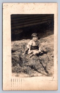 J97/ Zanesville Ohio RPPC Postcard c1910 Young Child Dog U.S. Navy Hat 502