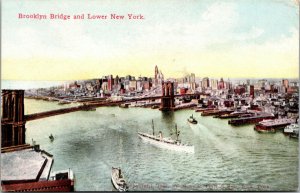 Vtg 1910s Brooklyn Bridge and Lower New York NY Ships Steamers Unused Postcard