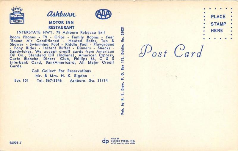 Ashburn Motor Inn Georgia GA Ashburn Rebecca Postcard