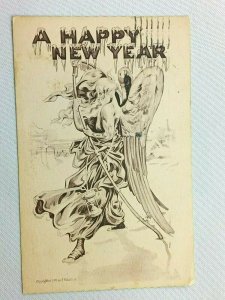 Vintage Postcard 1909 A Happy New Year Older Angel with Stick