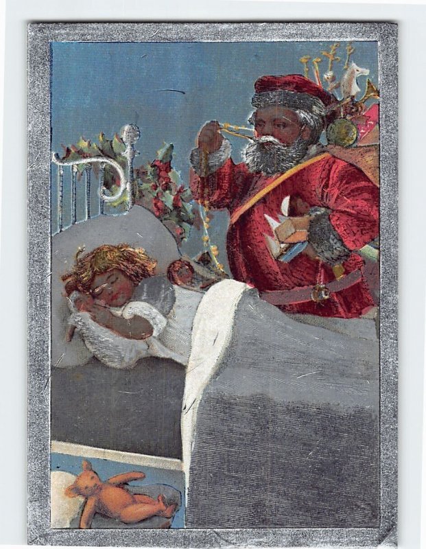 Postcard Christmas Greeting Card with Santa Girl Christmas Embossed Art Print