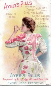 Trade Card - Ayer's Pills Woman in white and pink flowered quack medicine