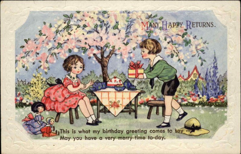 Birthday Children's Tea Party Vintage Dolls c1910 Gel Vintage Postcard