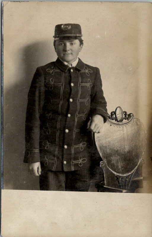 RPPC Young Boy in Uniform KTV Insignia Cap Badge Real Photo c1910 Postcard U12